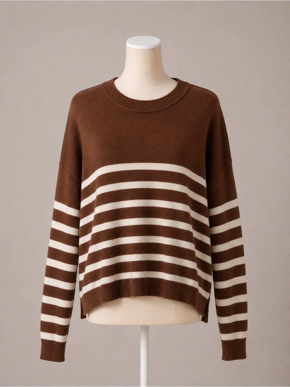 For The Republic Brown Cream Striped Knit Sweater Large Relaxed Crewneck